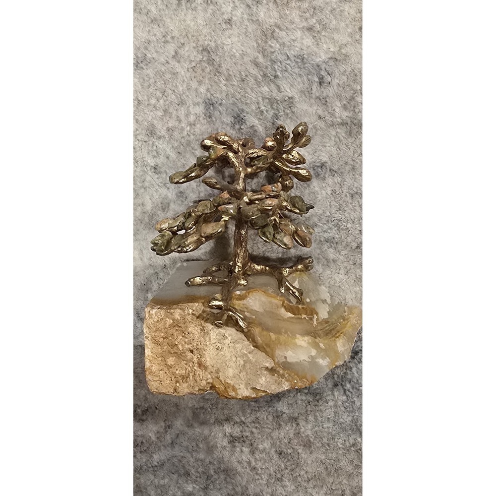 RARE AMARO SIGNED POLISHED STONE GOLD TONE METAL ROCK BONSAI TREE OF LIFE STATUE